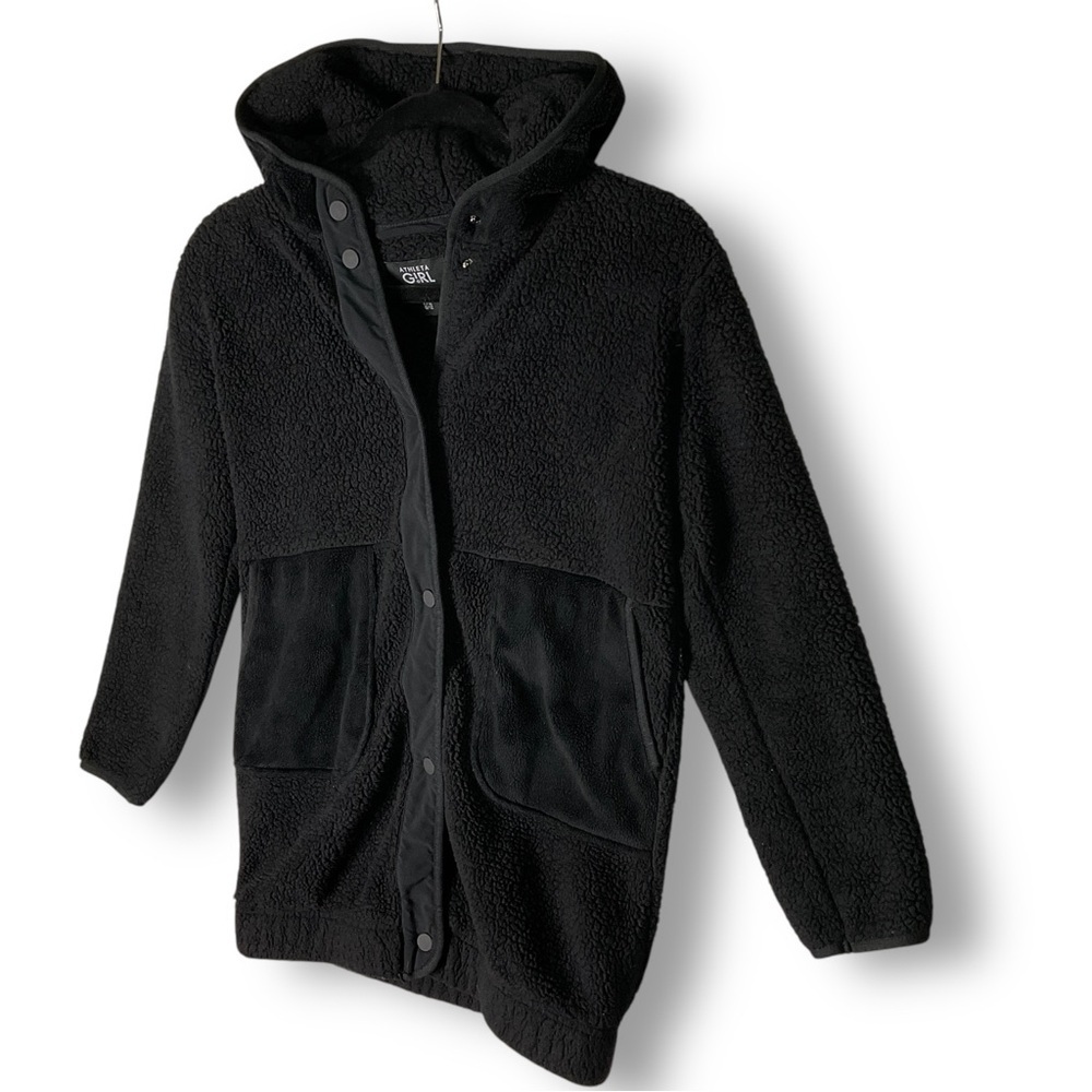 Athleta Girl Jacket Sz L So Toasty Tugga Long Sherpa Hooded Athletic Black - Picture 6 of 14